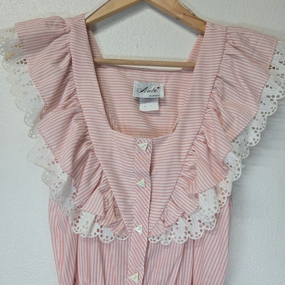 Vintage Nubi Pink White Striped Prairie Dress Ruffle Eyelet Lace Size XS/S